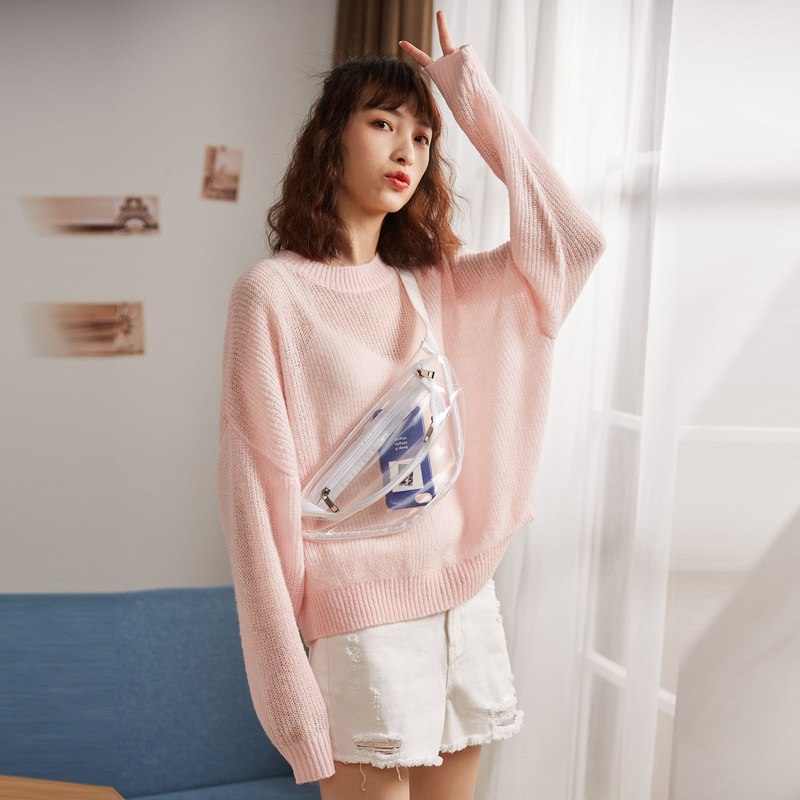 唐狮2019春新款很仙的女毛衣洋气韩版宽松圆领白色套头针织衫短款