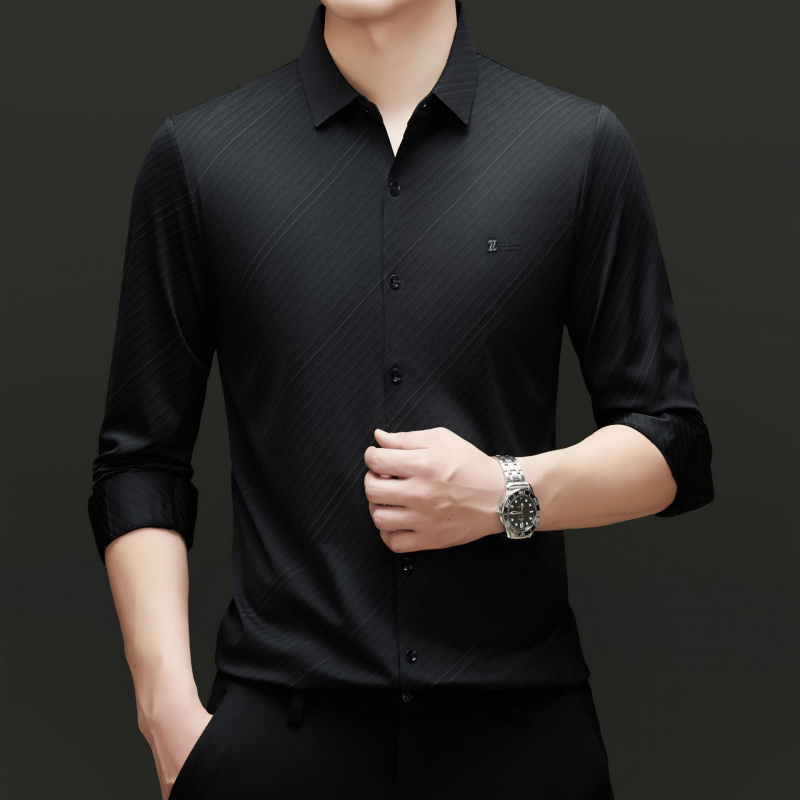 2025男装长袖衬衫条纹春秋男士上衣弹力抗皱修身薄款中年衬衣男