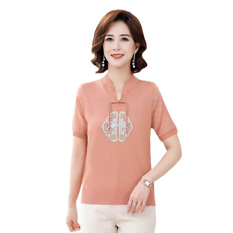 女装短袖妈妈装40岁针织中年女夏装时优雅刺绣婆婆装夏季新品