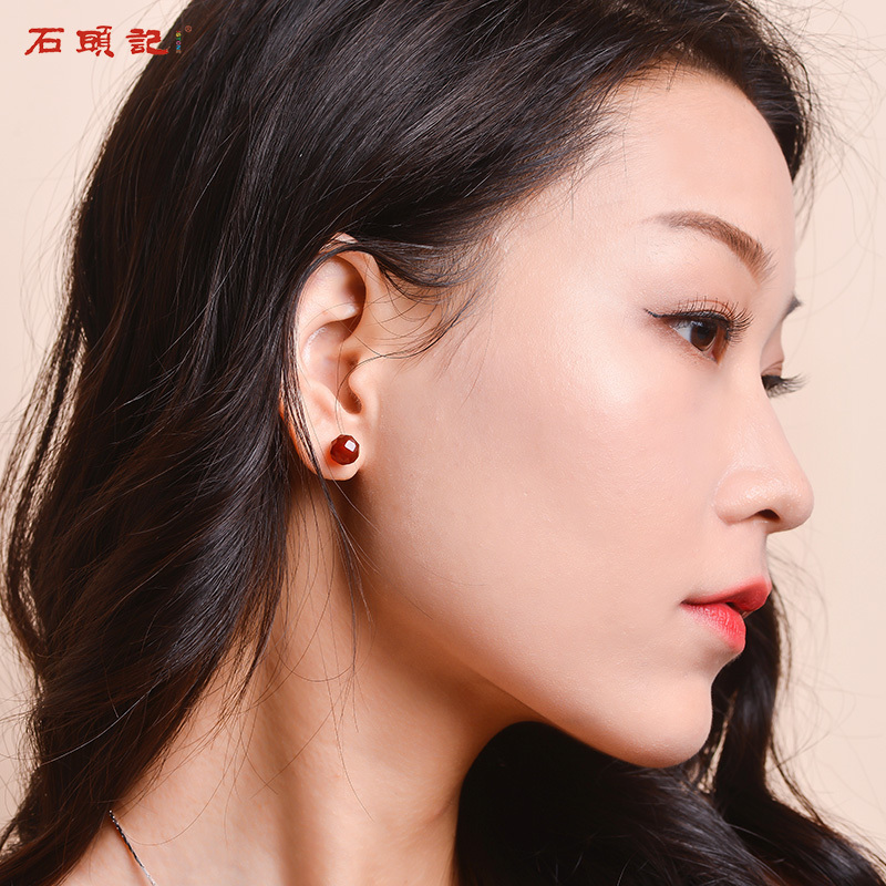 石头记红玛瑙黑玛瑙耳钉时尚切割水晶耳环耳饰女