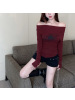 纯欲辣妹性感斜肩上衣女网红INS美式红色长袖T恤一字肩打底衫内搭