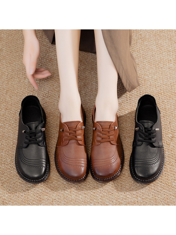 头层牛皮休闲女单鞋复古平底妈妈鞋秋季新款深口套脚真皮女鞋