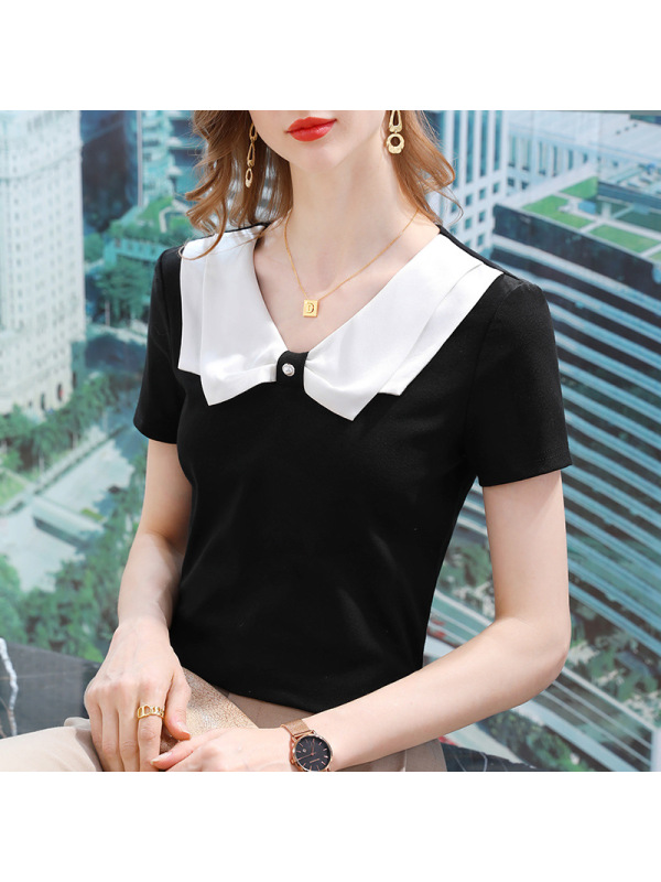 Ceba短袖T恤女夏2022新款女装时髦撞色弹力棉体恤减龄娃娃领收腰上衣