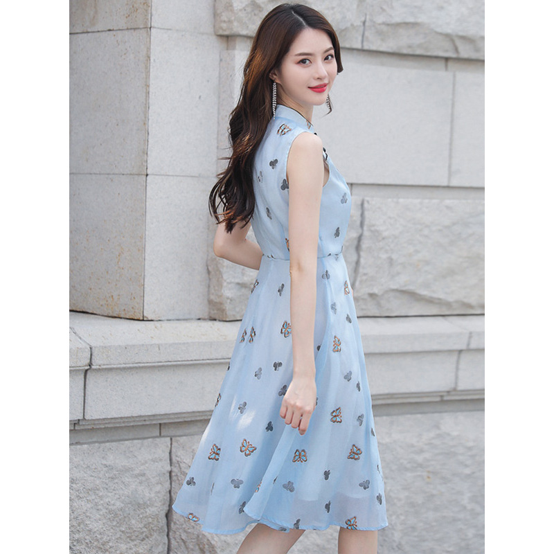 丝柏舍2019夏装女装印花立领无袖复古连衣裙S82R1066L