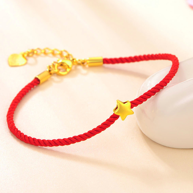 蒂蔻幸运五角星星黄金手链女款红绳款3d硬足金可调节手绳生日送女友