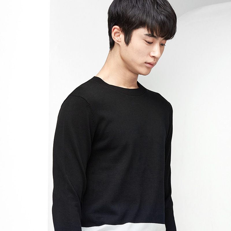 gxg男装 春季男士潮流都市时尚休闲黑色修身圆领毛衫