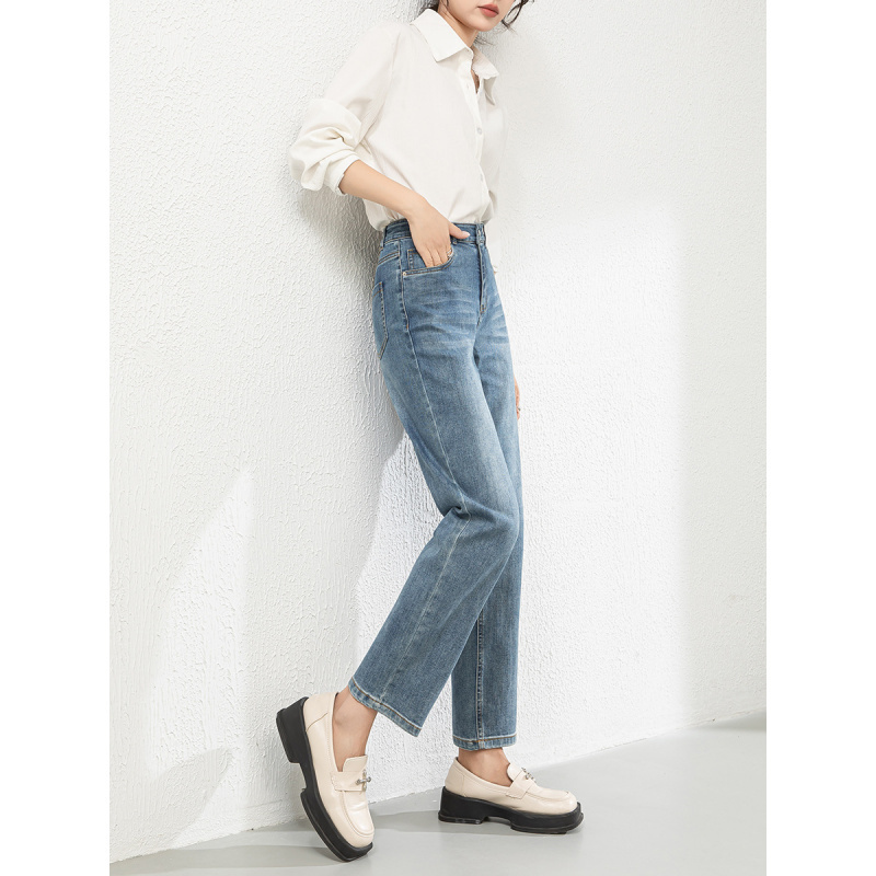 高腰牛仔裤女修身显瘦显高小个子九分紧身铅笔烟管裤女