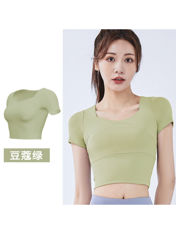 拼接速干瑜伽服带胸垫瑜伽短袖裸感修身显瘦运动健身上衣
