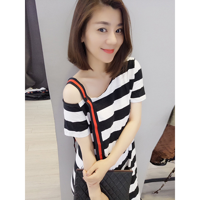 BOBOWALTZ欧洲站春夏装女2019新款欧货 韩版露肩显瘦裙子休闲条纹连衣裙B171d3955p0103
