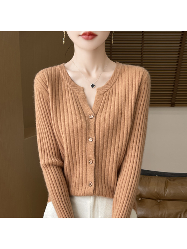 针织衫V领秋冬新款纯色短款毛衣竖条开衫内搭大码针织衫针织打底