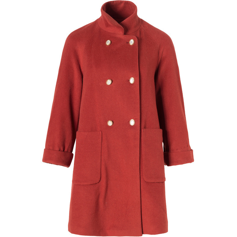 三彩冬季新款新年红中长小a字羊毛呢大衣外套