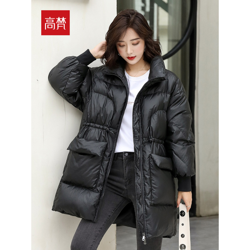 高梵亮面羽绒服女中长款2020年新款爆时尚白鸭绒收腰外套