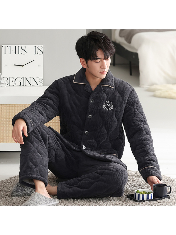 睡衣男士冬季开衫珊瑚绒三层夹棉加厚加绒法兰绒加大码家居服套装