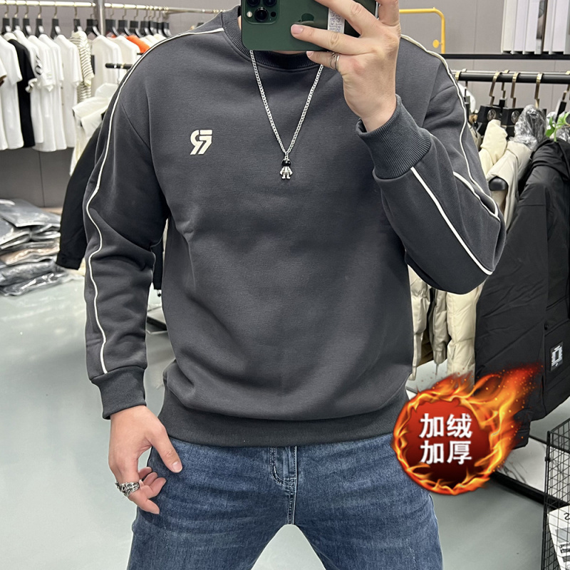 春秋新款卫衣男士刺绣字母时尚圆领长袖体恤打底衫加绒休闲青中年