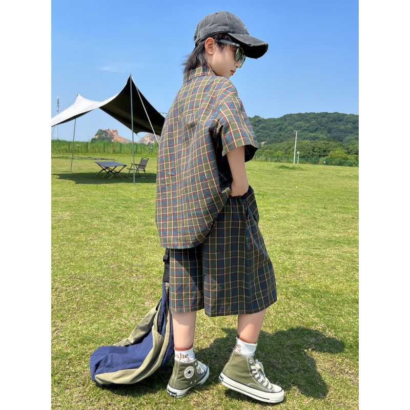 男童衬衫套装2025新款儿童夏装格子短袖大童夏款帅气夏季时髦潮