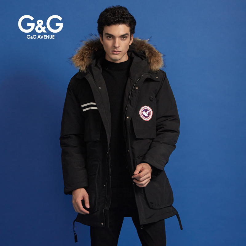 G＆G 男士冬季黑色迷彩羽绒服男潮中长款连帽大毛领保暖青年外套