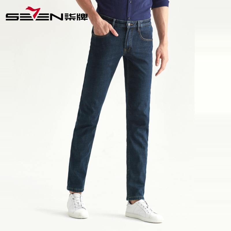 柒牌SEVEN男装牛仔裤男秋冬季弹力修身休闲长裤男士宽松直筒加绒裤