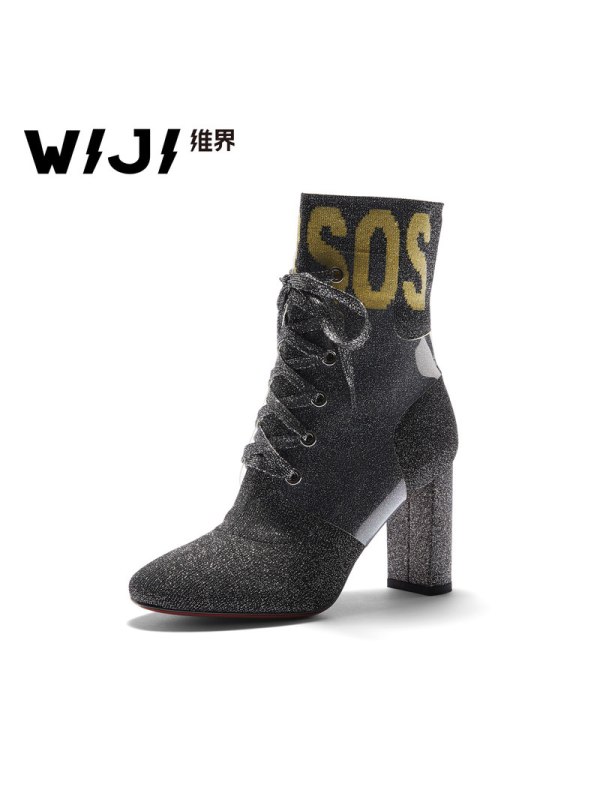 WIJI2018秋季新款摩登粗跟女靴街头嘻哈时尚袜子鞋ulzzang原宿鞋