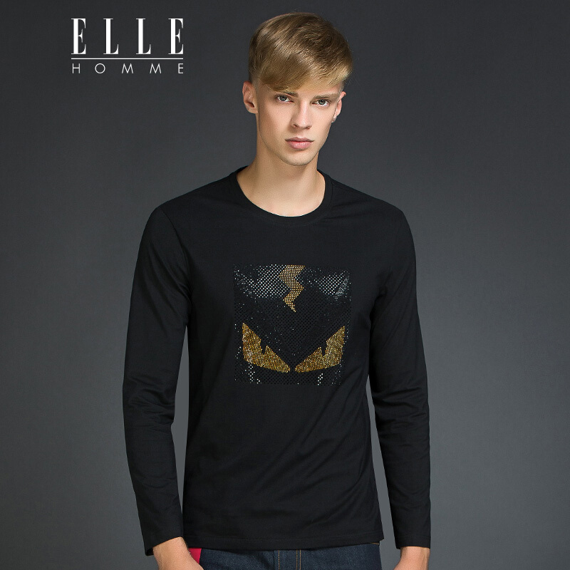 ellehomme男装t恤秋冬新款时尚个性图案烫钻圆领长袖t恤男黑色