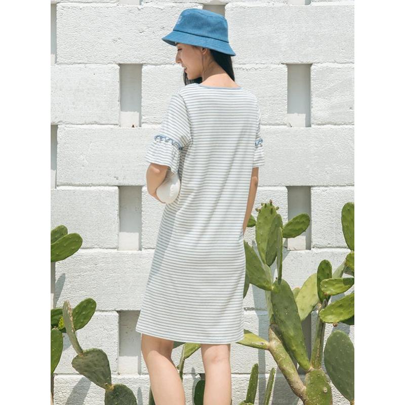 素缕夏装2018新款女装文艺条纹显瘦A字连衣裙女中长裙QS8203喨