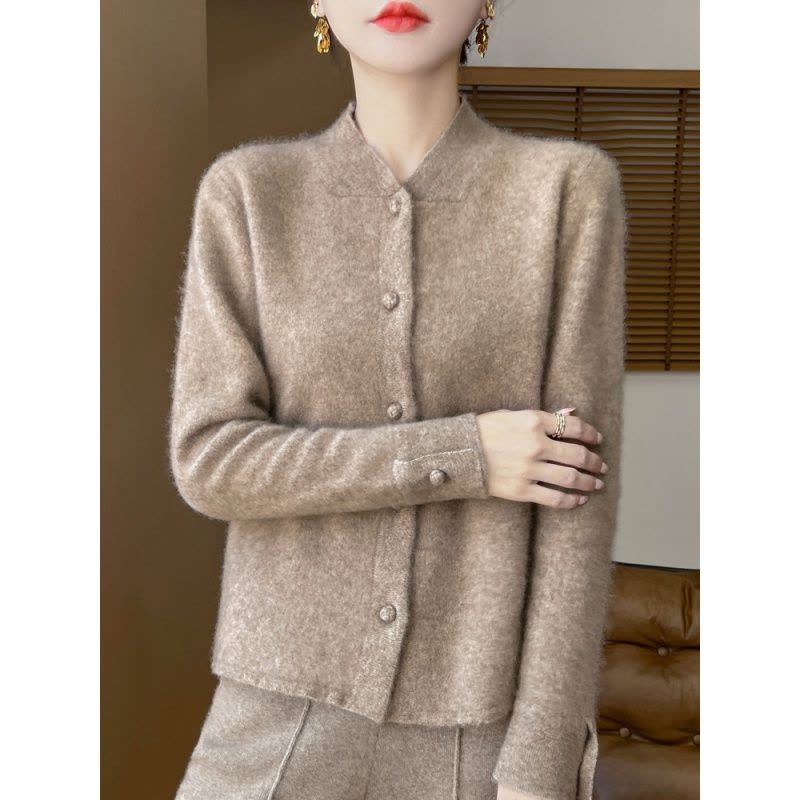 新中式国风羊毛旗袍立领针织开衫长袖女年秋冬新款纯色外套图片