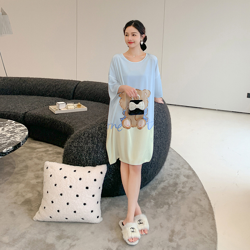 Ceba睡裙女士睡衣裙子夏天薄款短袖缎面中长款家居服大码可外穿2