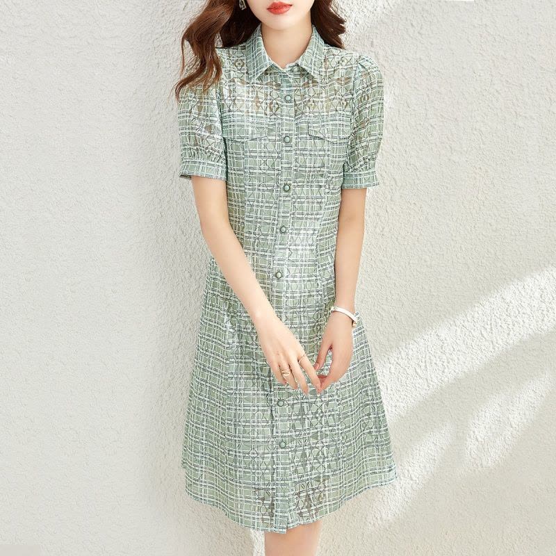 OUNIXUE欧昵雪 | [复古印花蕾丝裙]夏季浪漫翻领短袖时尚修身女式显瘦A字裙图片