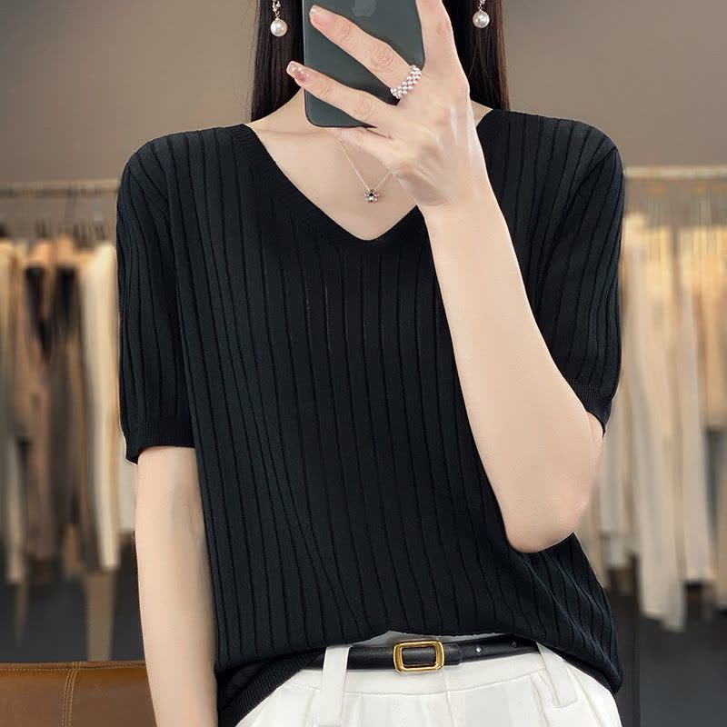 新款夏季V领冰丝短袖针织衫女式宽松T恤衫纯色薄款上衣图片