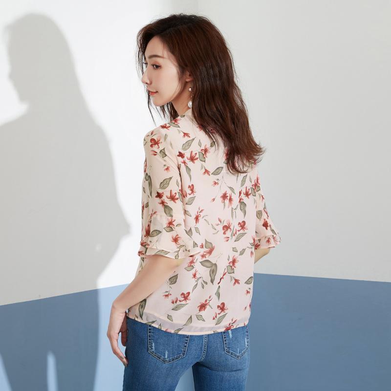 【专柜同款】拉夏贝尔雪纺衬衫女2020新款夏季韩版印花小清新上衣系带荷叶袖复古休闲百搭30082661
