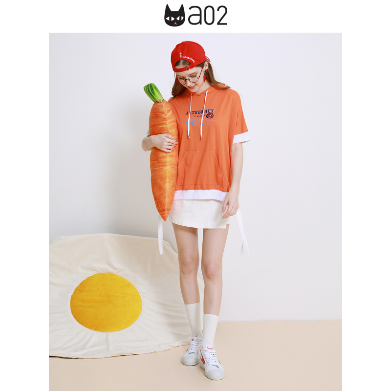 a02商场同款潮流亮片刺绣印花上衣连帽飘带T恤女D1U5A0231KT