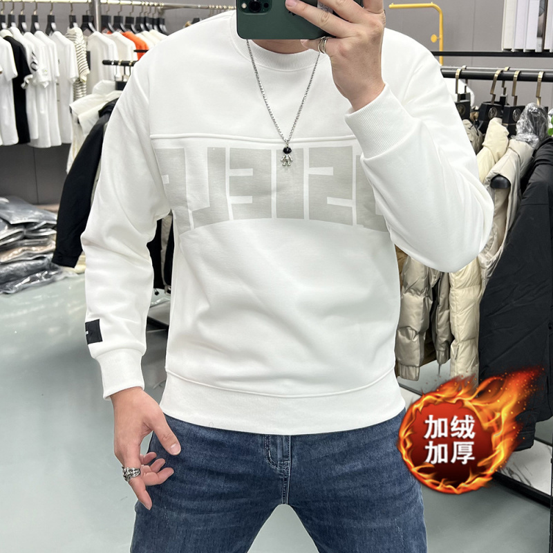 男士打底衫潮流印花字母卫衣秋冬季加绒加厚圆领套头上衣青年内搭