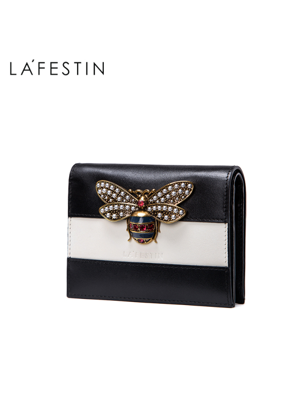 拉菲斯汀2018头层牛皮新款蜜蜂钱包短款真皮小钱包女多卡位大钞夹