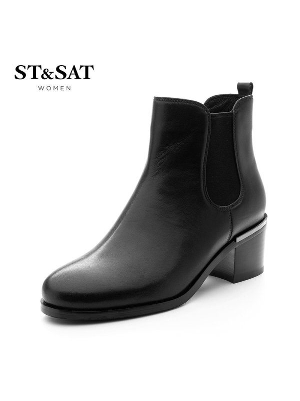 星期六(ST&SAT)冬季牛皮革圆头中跟粗跟时尚短靴女SS84116694