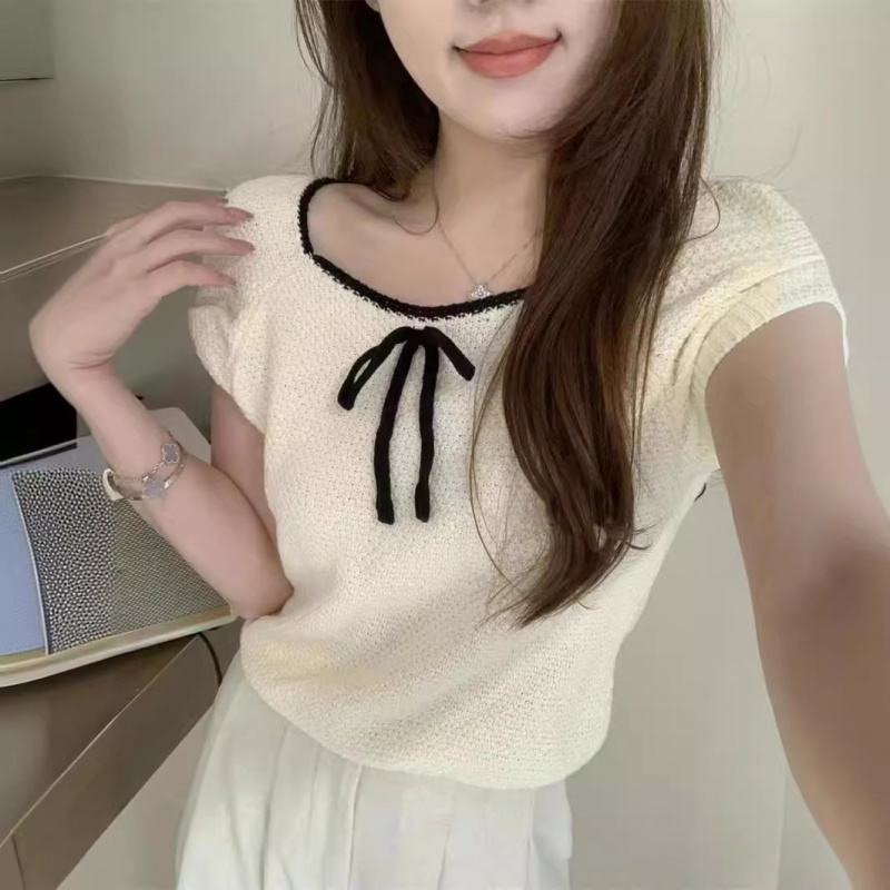 纯欲辣妹减龄蝴蝶结撞色短袖针织T恤女夏季新款显瘦短款上衣