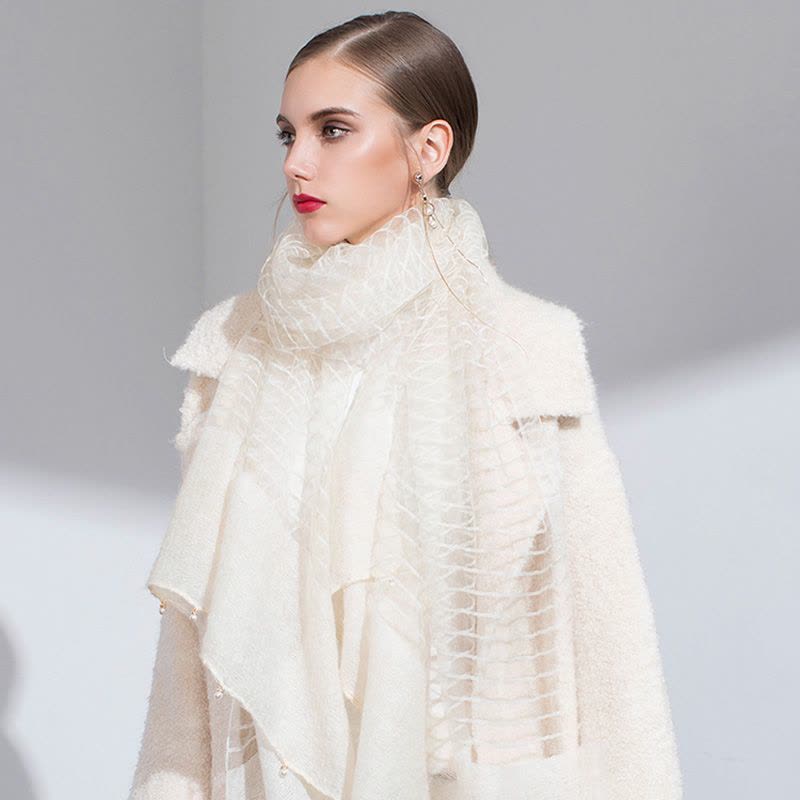 宏达HONDAR 女款纯色优美真丝马海毛手工钉珠羊毛围巾披肩 WJ764图片