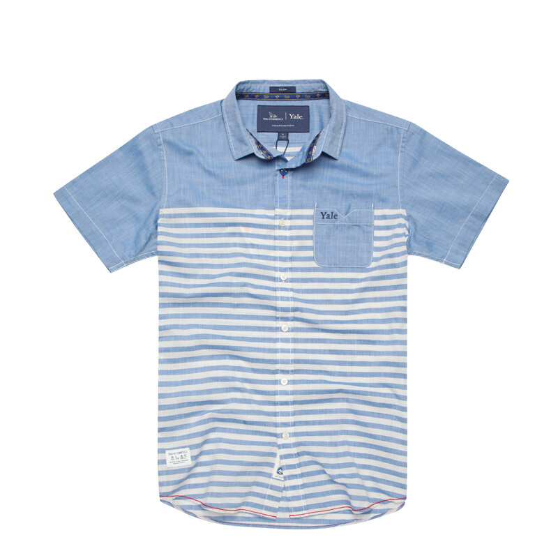 七匹狼swjeans青年男士衬衫休闲海洋风蓝白条纹短袖衬衫男海蓝