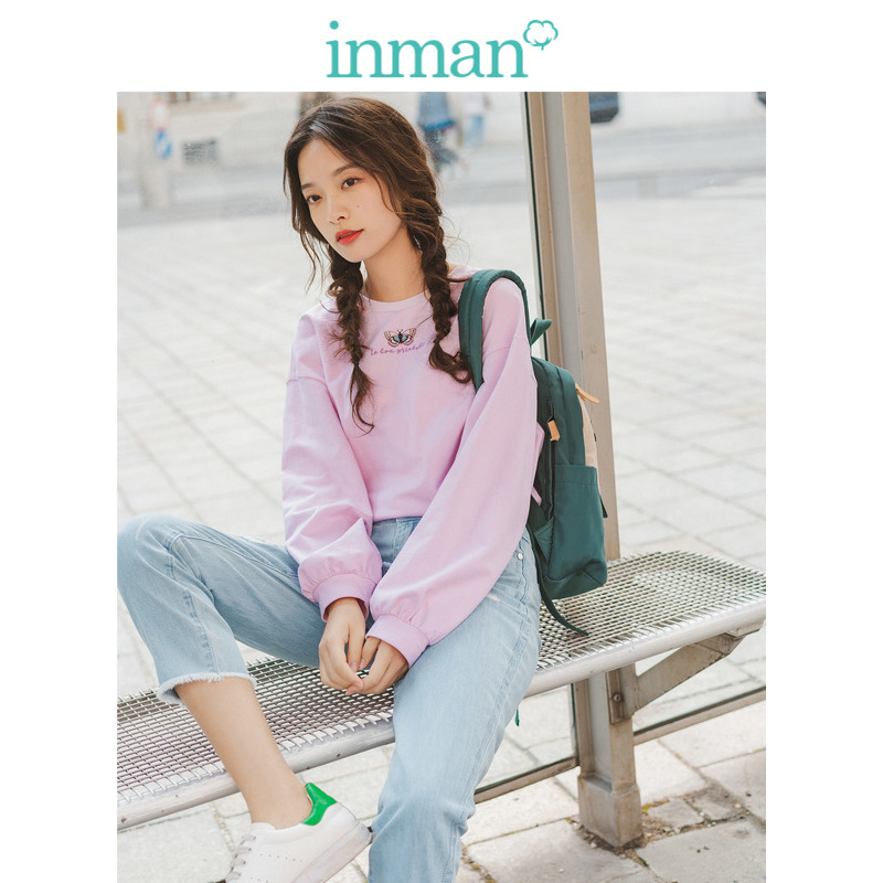 茵曼T恤女2019秋季新款圆领落肩袖可爱蝴蝶绣花粉色少女文艺上衣