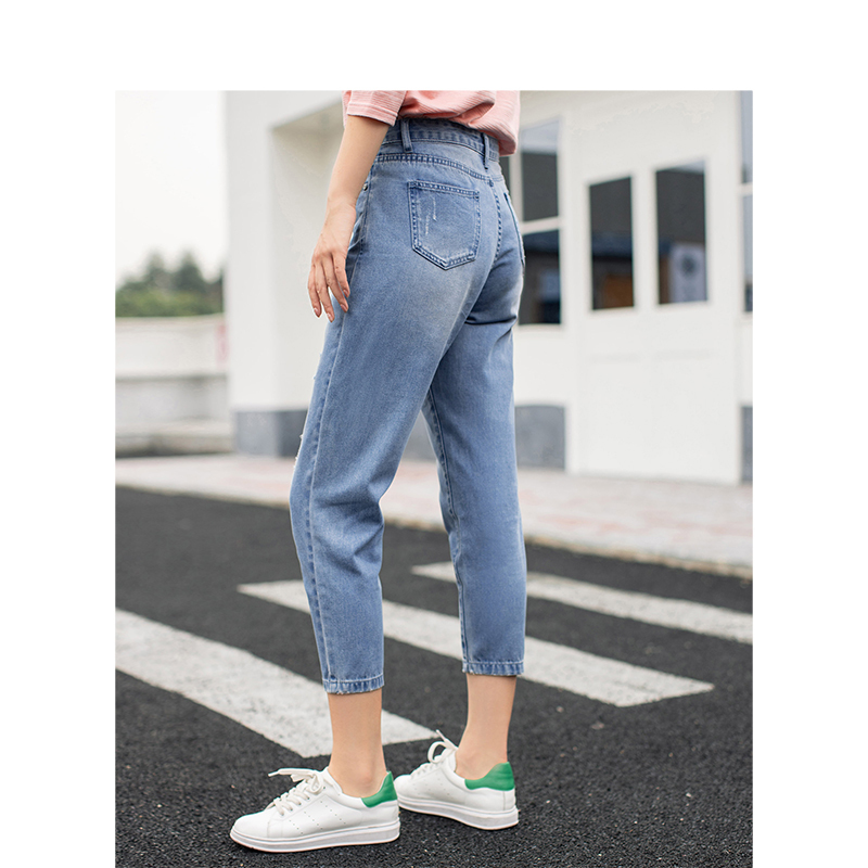 茵曼2019春装新款中高腰时尚破洞韩版潮流休闲紧身显瘦牛仔裤女