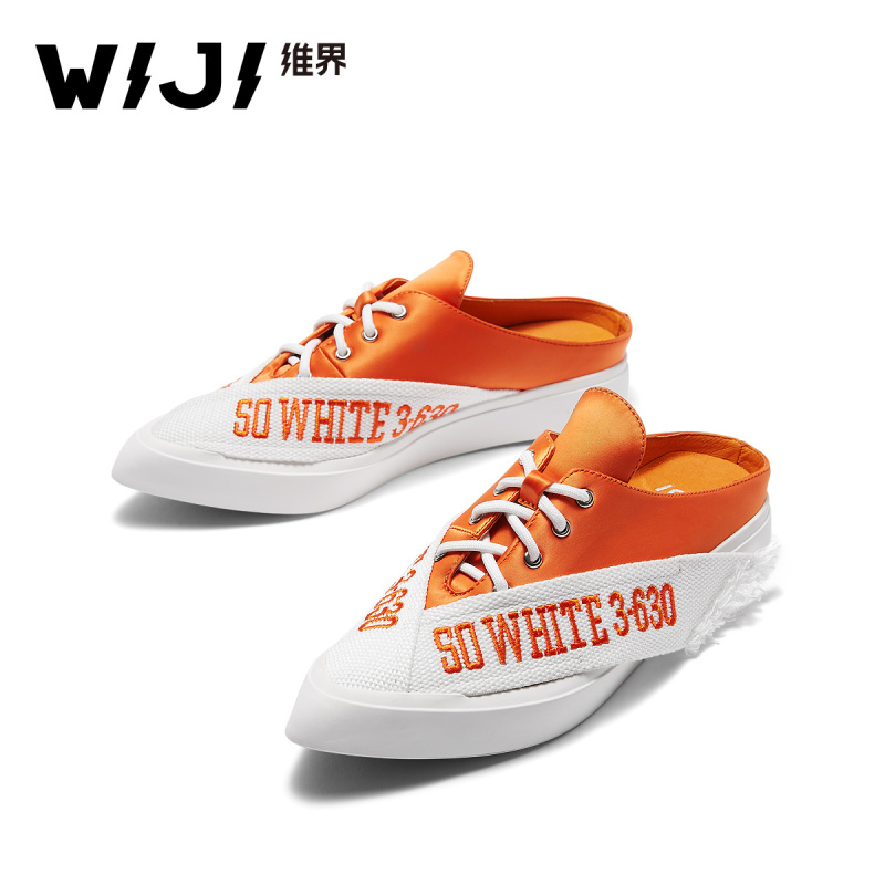 WIJI2018春季新款字母织带平底鞋时尚一脚蹬街头风女鞋尖头懒人鞋