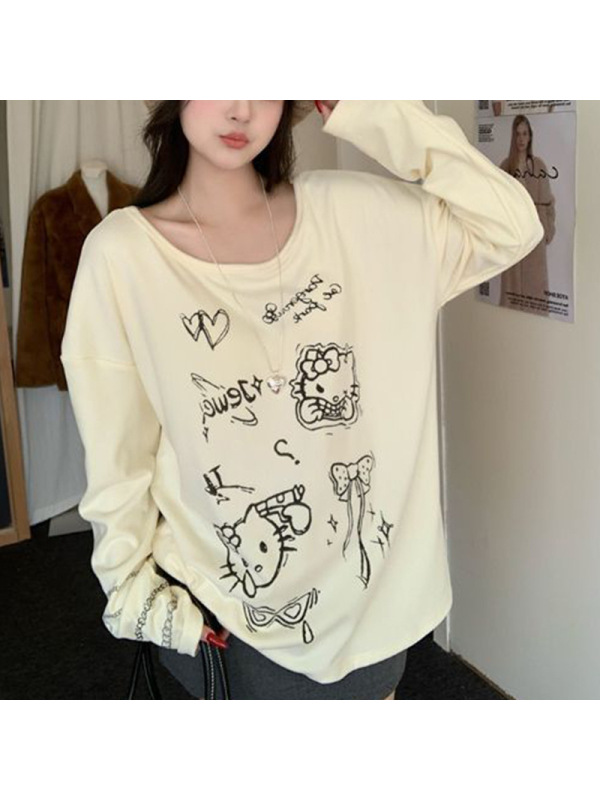 趣味kt猫印花慵懒卡通薄款长袖T恤女装夏季新款宽松防晒罩衫上衣
