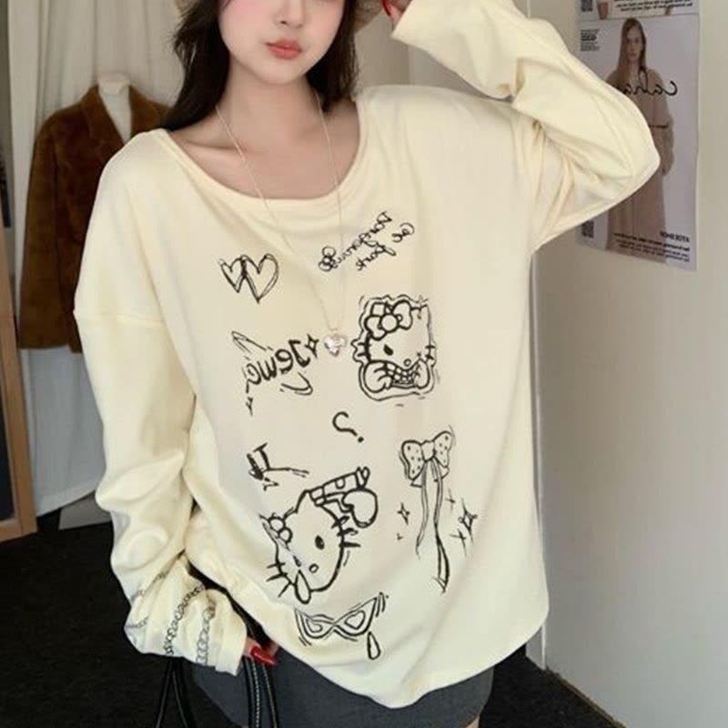 趣味kt猫印花慵懒卡通薄款长袖T恤女装夏季新款宽松防晒罩衫上衣图片