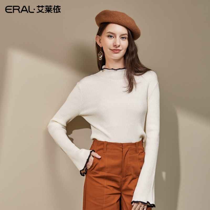 艾莱依2019秋季新款潮流个性花边设计修身圆领套头衫