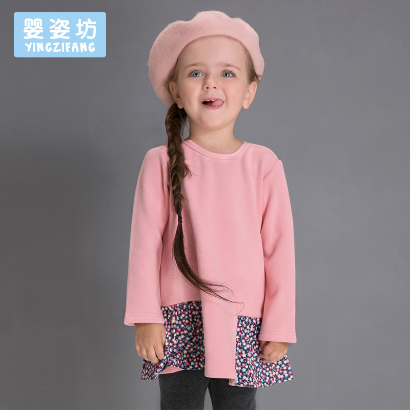 婴姿坊童装 女童加绒长裙时尚拼接碎花边连衣裙圆领长袖