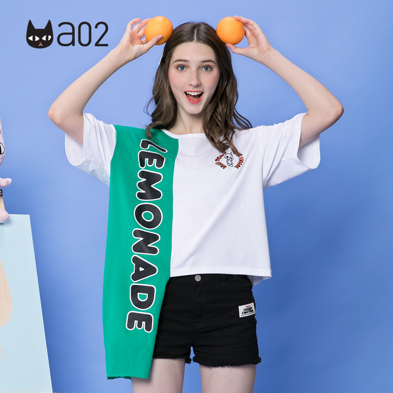 a02新款个性街头风字母印花拼色不规则短袖T恤女DTU2D1071KT