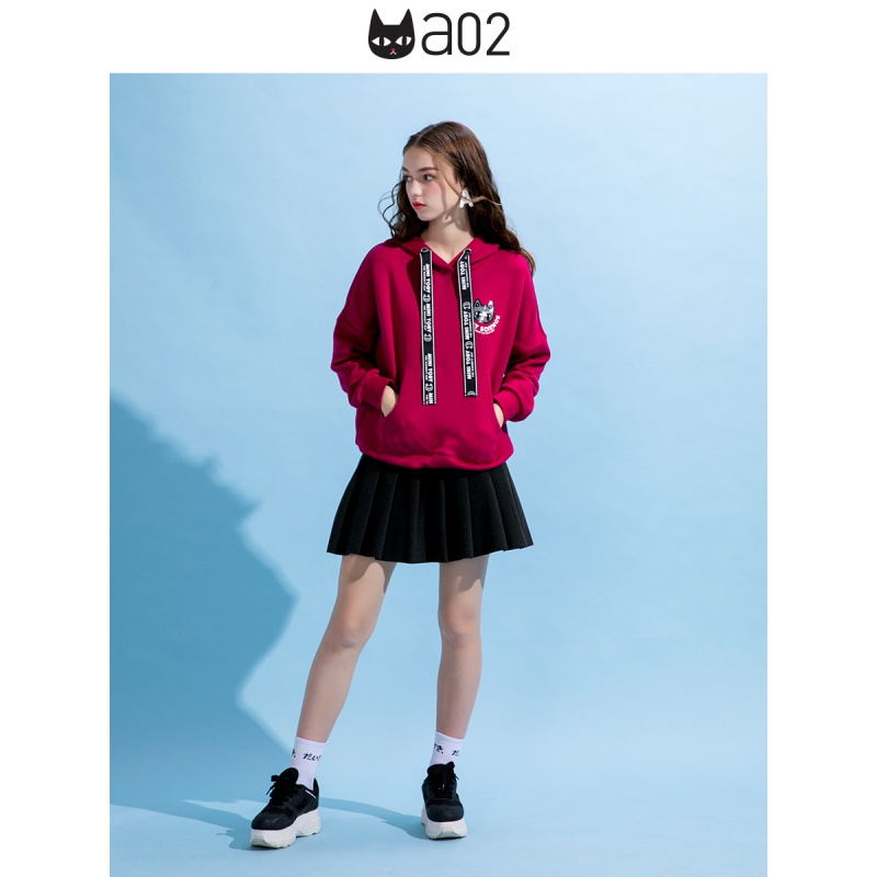 a02新款时尚卡通字母抽绳宽松潮印花连帽卫衣女DTU5BA141KT