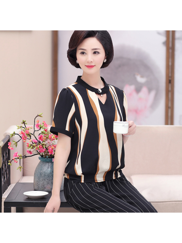 媛宿(YuanSu)中年装夏短袖女40岁50妈妈时尚套装v领雪纺衫上衣T恤衫阔腿裤两件套6358