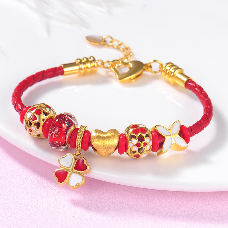 蒂蔻时尚爱心形黄金手链女款硬金四叶草红色手绳七夕情人节表白生日送