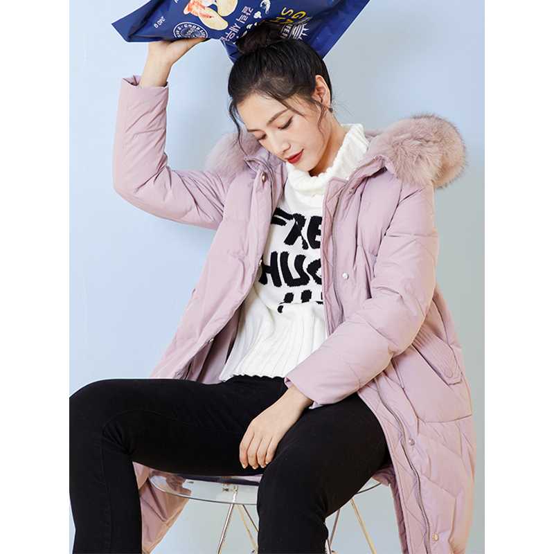 千仞岗2018新品羽绒服女狐狸毛领中长款直筒甜美羽绒外套