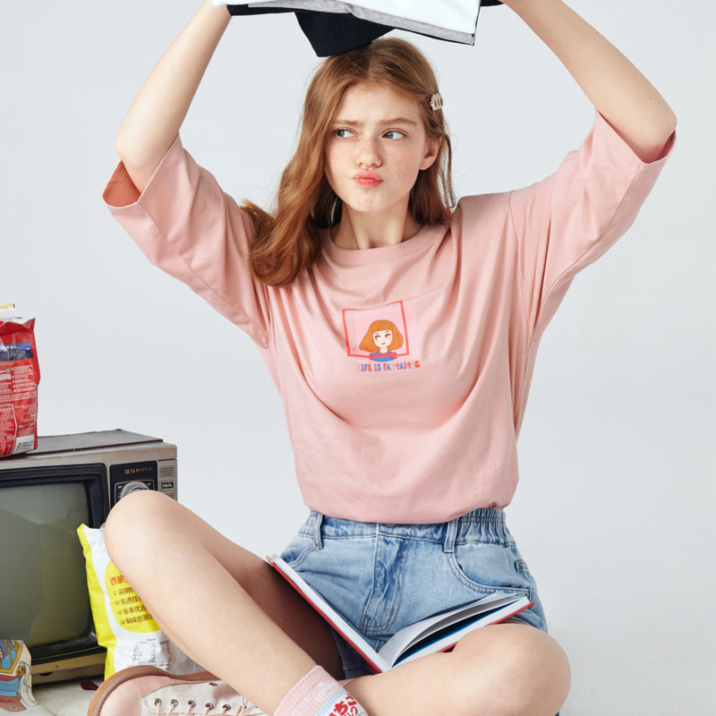 Semir森马宽松T恤女2019秋季新款印花套头纯棉少女潮t恤显瘦七分袖上衣