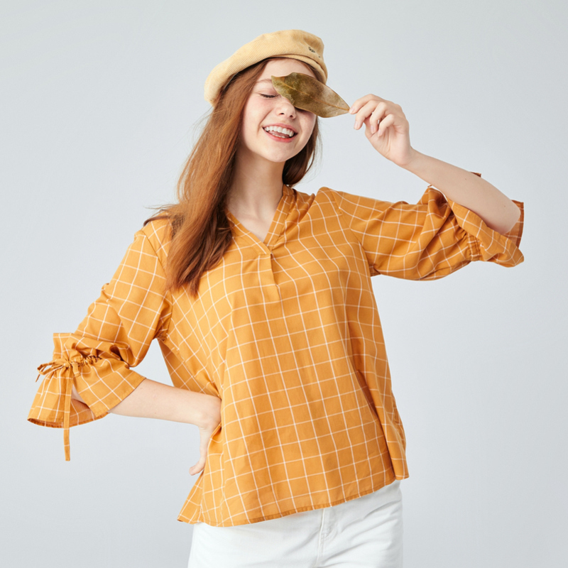 Semir森马长袖衬衫女2019秋季新款V领宽松显瘦衬衣喇叭袖复古甜美ins